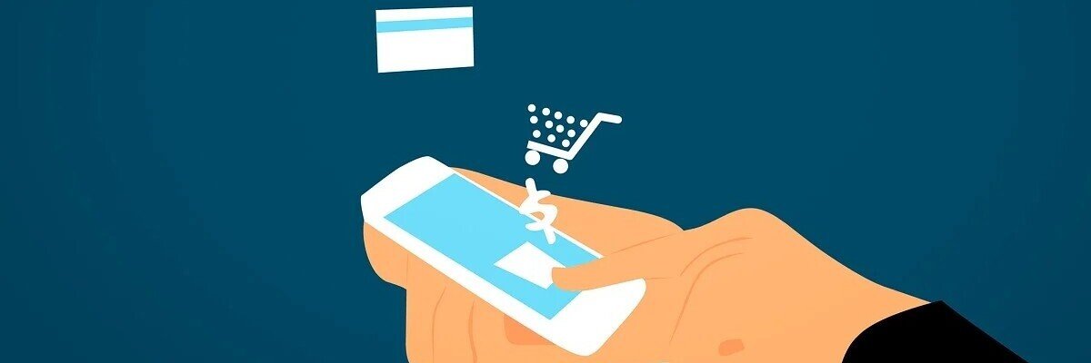 Smartphone mit schwebenden Symbolen: Kreditkarten, Warenkorb, Einkaufstaschen, die Online-Shopping und E-Commerce darstellen.