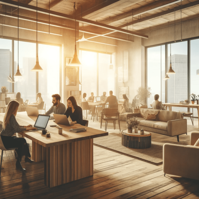 Moderne Büroumgebung mit großen Fenstern, Gemeinschaftsarbeiten und natürlichem Licht.