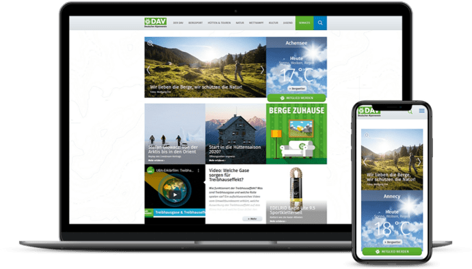 Laptop und Smartphone zeigen die Webseite des Deutschen Alpenvereins mit verschiedenen Outdoor-Themen und Aktivitäten.