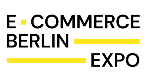 Logo der E-Commerce Berlin Expo mit schwarzem Text und gelben Linien auf weißem Hintergrund.