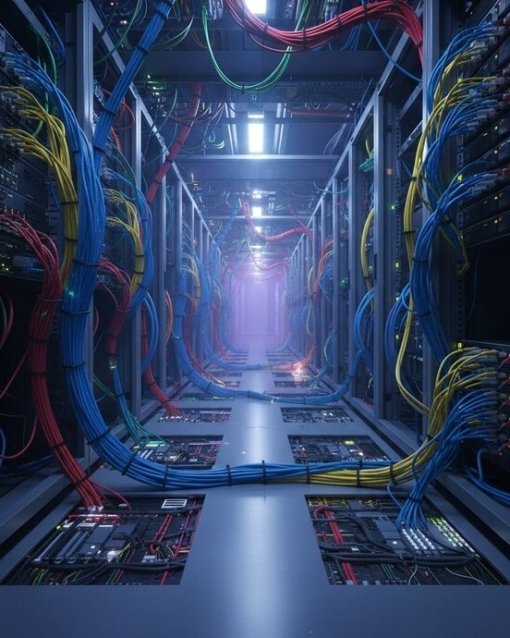 Serverraum mit miteinander verbundenen Netzwerkkabeln in leuchtenden Farben, die zwischen den Racks verlaufen.