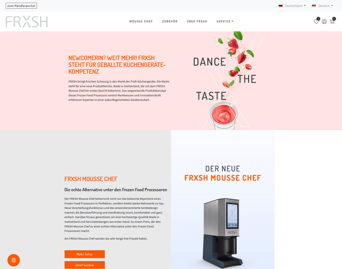 Screenshot einer Webseite von FRXSH mit Werbetexten für den Mousse Chef und einer Abbildung eines Food-Prozessors.