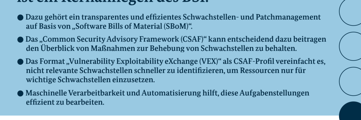 BSI-Bild mit Text zu Sicherheit in Lieferketten. Themen: SBOM, CSAF, VEX, maschinelle Verarbeitung und Automatisierung.