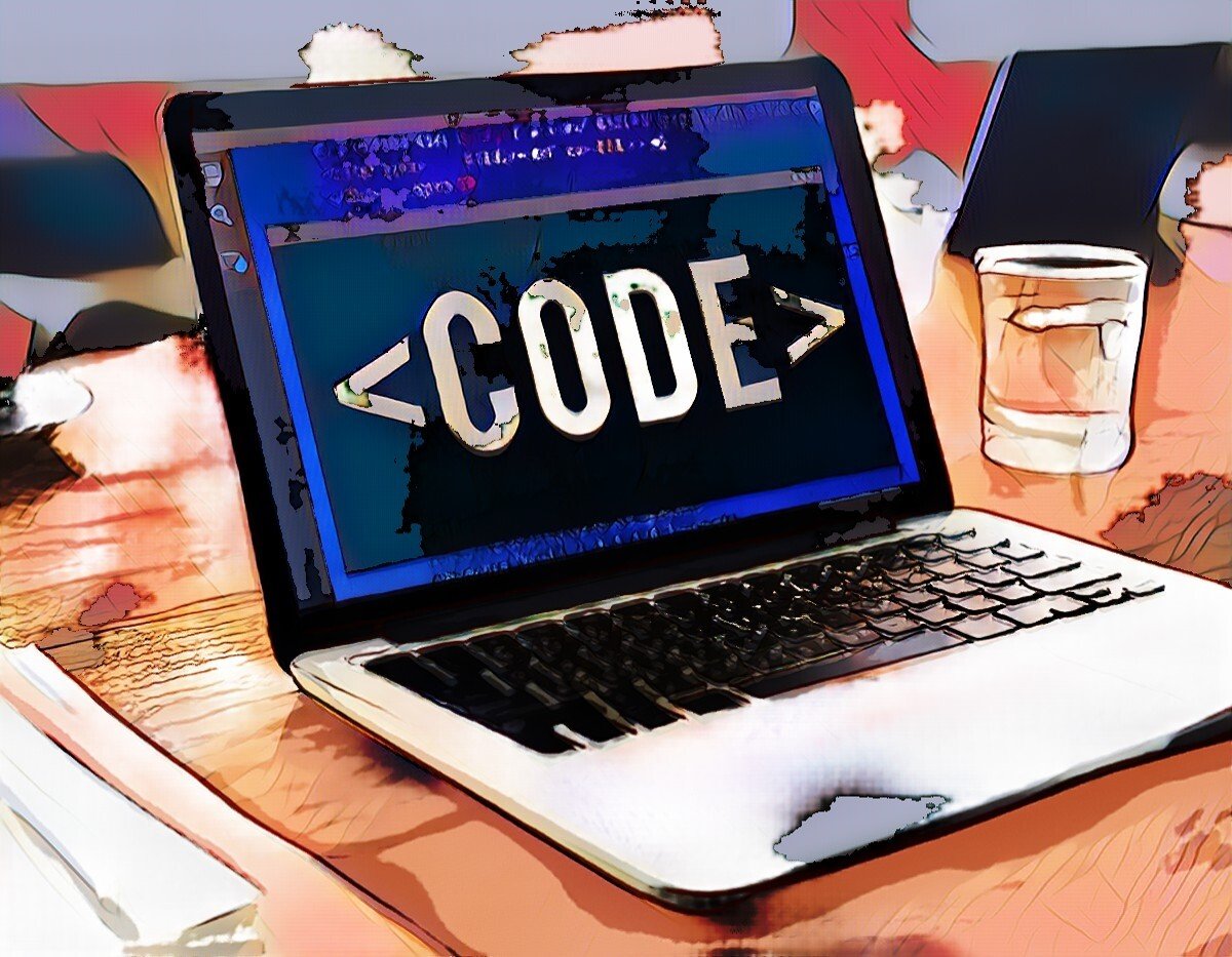 Laptop auf Tisch zeigt groß das Wort "<CODE>" auf dem Bildschirm, daneben ein Glas Wasser. Digitale Zeichnung.