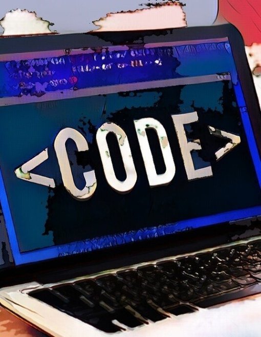 Laptop auf Tisch zeigt groß das Wort "<CODE>" auf dem Bildschirm, daneben ein Glas Wasser. Digitale Zeichnung.