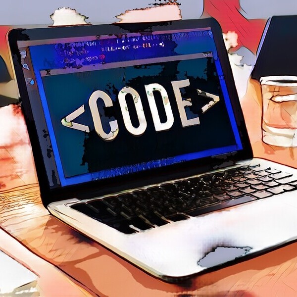 Laptop auf Tisch zeigt groß das Wort "<CODE>" auf dem Bildschirm, daneben ein Glas Wasser. Digitale Zeichnung.