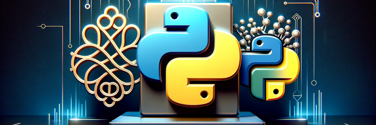 Computergeneriertes Bild mit Python-Logos auf futuristischem Hintergrund mit Schaltkreismotiven und Abstraktsymbolen.