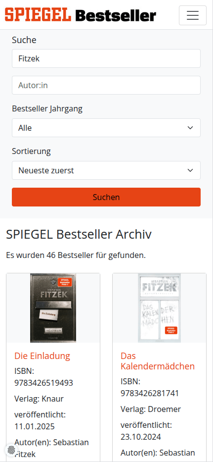 Screenshot der SPIEGEL Bestseller-Website mit Suchoptionen und Ergebnissen für Bücher von Sebastian Fitzek.