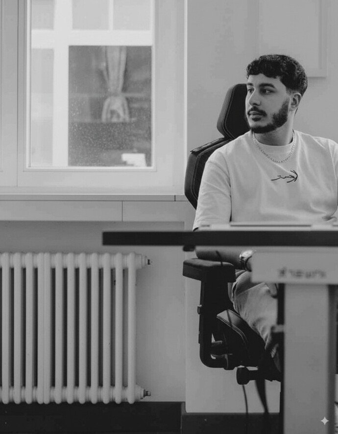 Person sitzt nachdenklich auf einem Bürostuhl am Schreibtisch, neben einem Fenster und Heizkörper. Schwarz-weiß Fotografie.