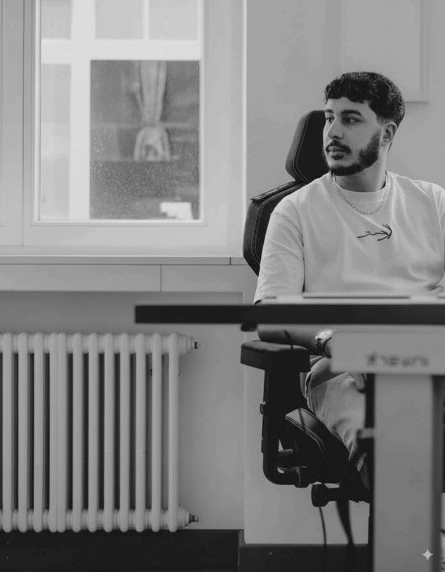 Person sitzt nachdenklich auf einem Bürostuhl am Schreibtisch, neben einem Fenster und Heizkörper. Schwarz-weiß Fotografie.