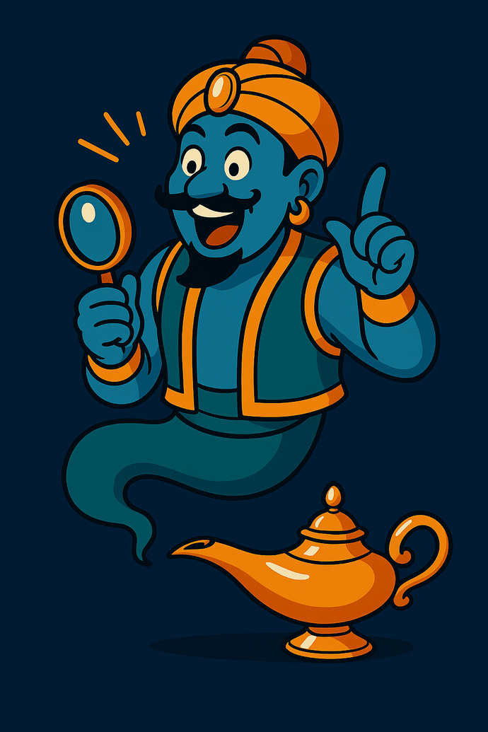 Ein stilisierter, blauer Flaschengeist mit Lupe und erhobenem Finger, bekleidet in orange-blauer Kleidung, neben einer goldenen Lampe.