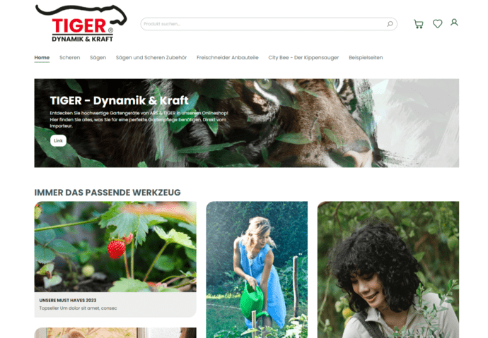 Screenshot der Homeseite des TigerPabst Onlineshops. Shopware Referenzprojekt der Esono AG.