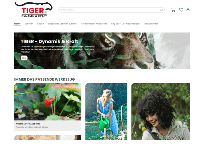Screenshot der Homeseite des TigerPabst Onlineshops. Shopware Referenzprojekt der Esono AG.