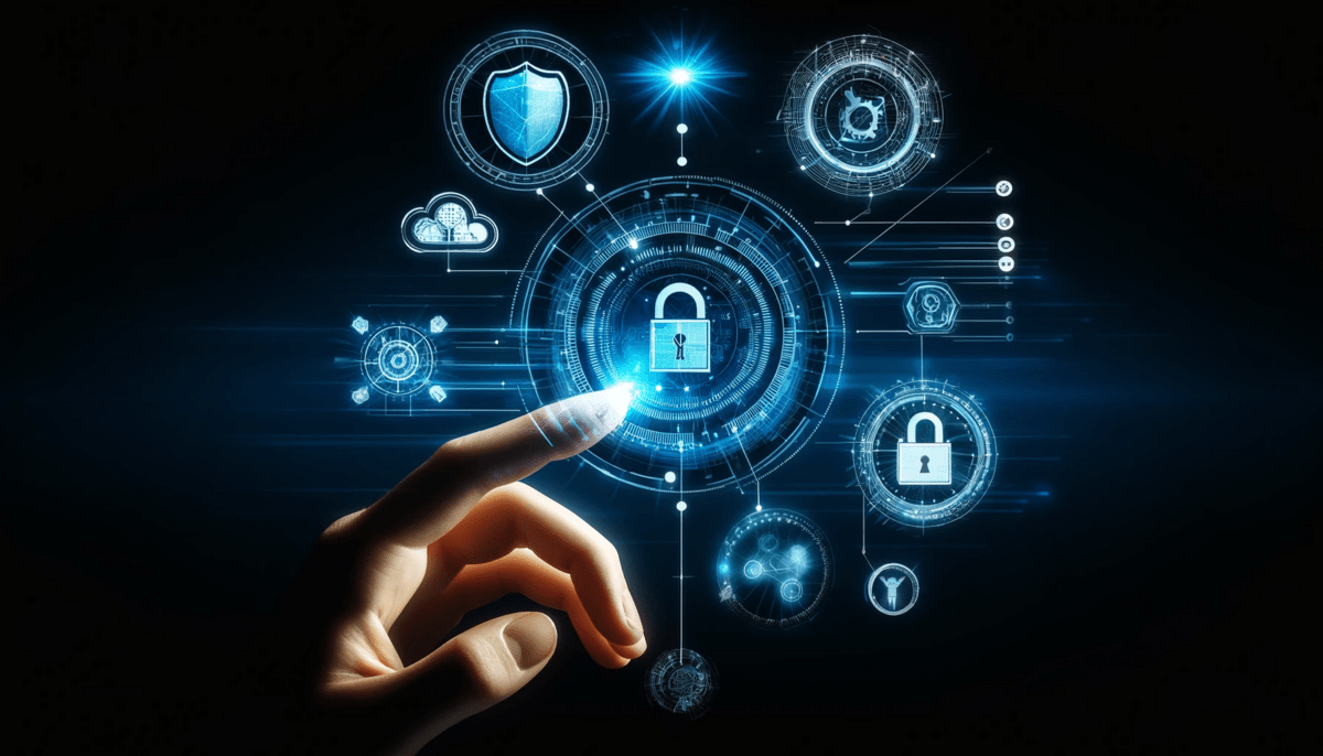 Digitale Schnittstelle mit Sicherheitsikonen und einem Finger, der das zentrale Schloss berührt.