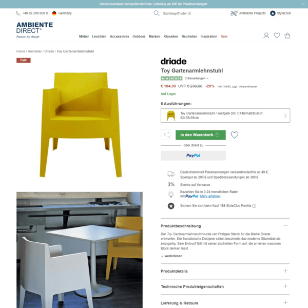 Gelber Gartenstuhl auf weißem Hintergrund, mit Produktinformationen und verschiedenen Ansichten auf einer Webseite angezeigt.