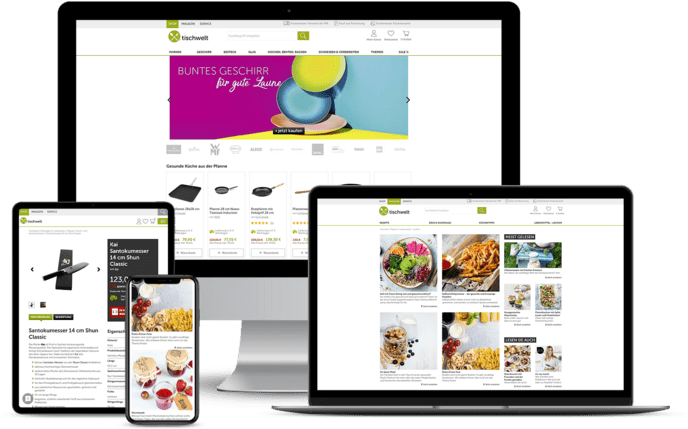 Mehrere Geräte zeigen die responsive Webseite eines Onlineshops für Haushaltswaren.
