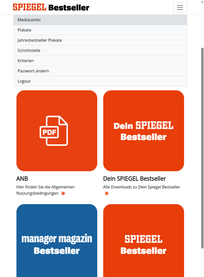 Webseite mit Download-Optionen für PDF-Dateien: ANB, Dein SPIEGEL Bestseller, manager magazin Bestseller, SPIEGEL Bestseller.
