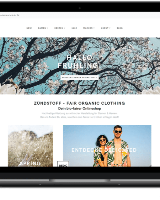 Laptop und Smartphone zeigen eine Webseite für nachhaltige Mode mit Frühlingsdesign und Online-Shop-Funktion.