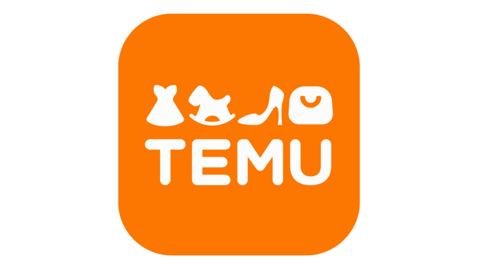 Orangefarbenes TEMU-Logo mit Symbolen einer Tasche, eines Schuhs, eines Kleides und eines Hutes.