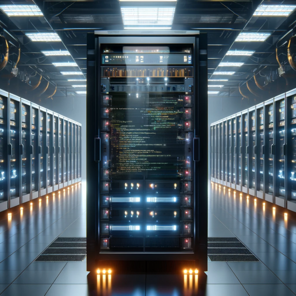 Datenzentrum mit mehreren Server-Racks in einer symmetrischen Anordnung, zentral beleuchtet für maximale Effizienz.
