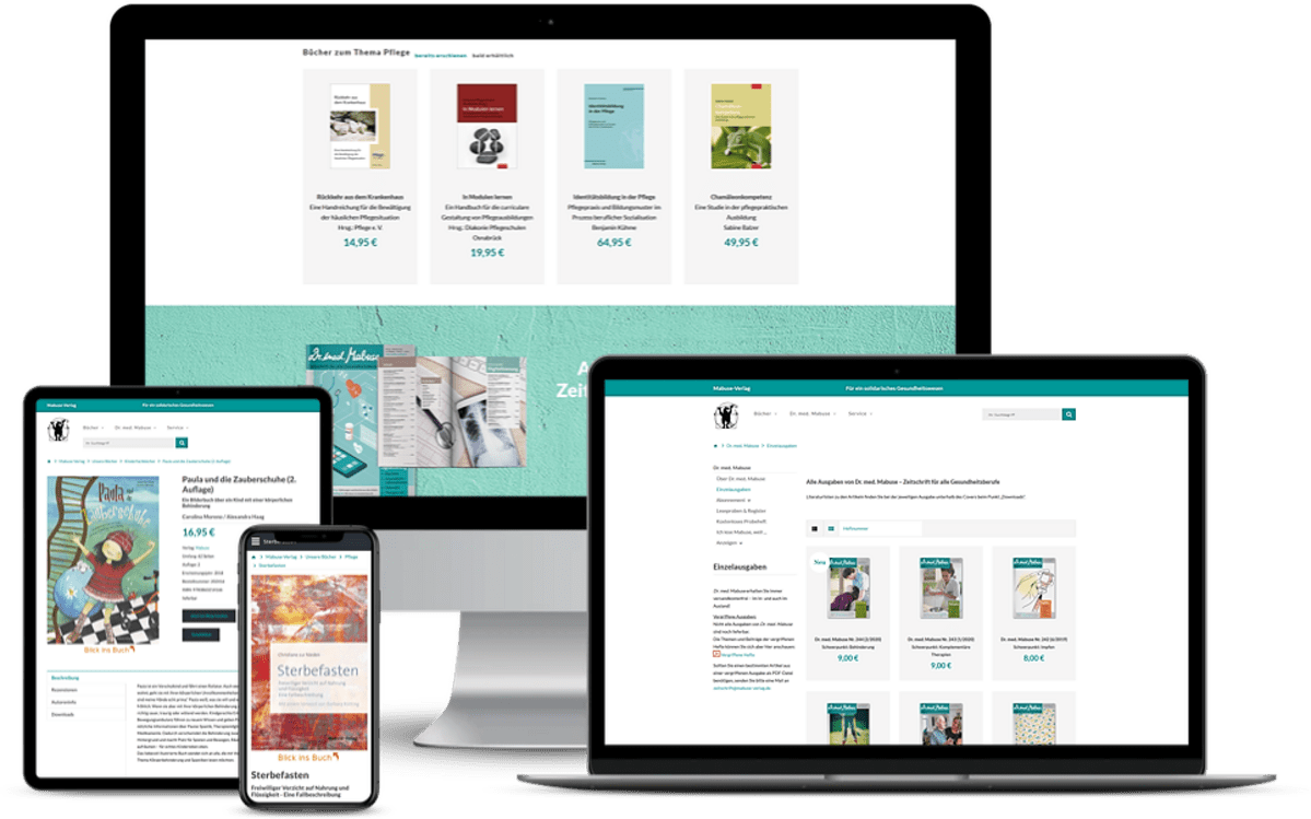 Mehrere digitale Geräte zeigen eine Webseite mit Buchangeboten und Detailansichten.