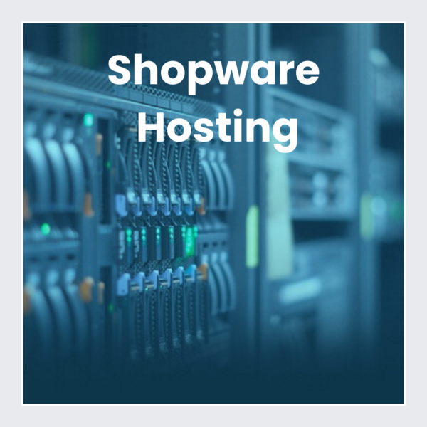 Server-Racks mit Beleuchtung und dem Text "Shopware Hosting".