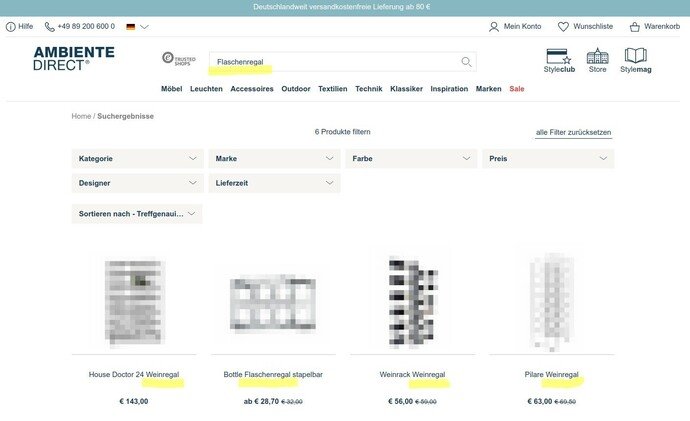 Webseite mit Flaschenregalen: Sechs Artikel gelistet, mit Preisen und verschiedenen Filteroptionen zur Produktauswahl.