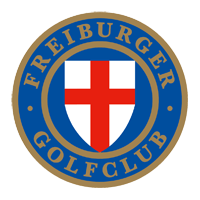 Logo des Freiburger Golfclubs mit einem roten Kreuz auf weißem Schild, umgeben von blauem Kreis mit goldenem Schriftzug.