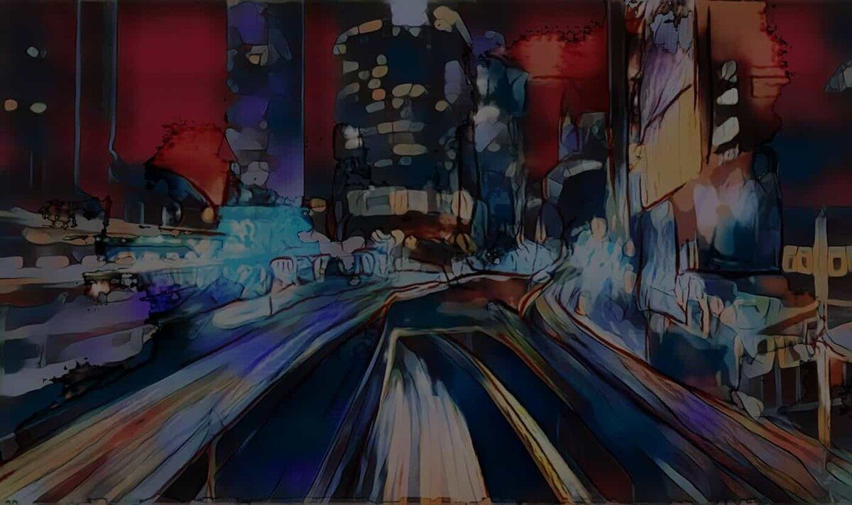 Abstrakte Darstellung einer nächtlichen Stadtlandschaft mit Lichtspuren und hohen Gebäuden in lebhaften Farben.