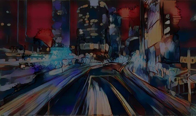 Abstrakte Darstellung einer nächtlichen Stadtlandschaft mit Lichtspuren und hohen Gebäuden in lebhaften Farben.