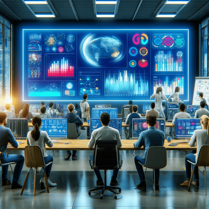 Ein Futuristisches Kontrollzentrum, Menschen arbeiten an Computern, analysieren Daten auf einem großen digitalen Wandbildschirm.