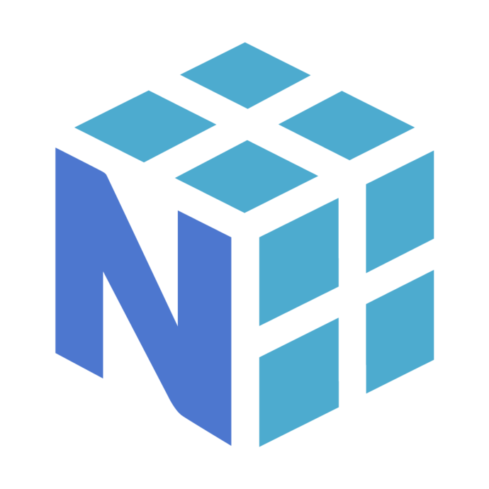 Ein blaues, geometrisches Logo bestehend aus einem stilisierten Würfel mit einem nach links gerichteten Buchstaben "N".
