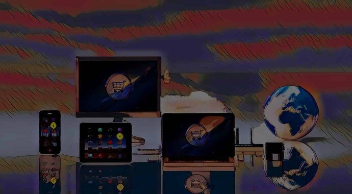 Digitale Geräte (Computer, Tablet, Smartphone) und eine Weltkugel symbolisieren globale Vernetzung und Technologie.