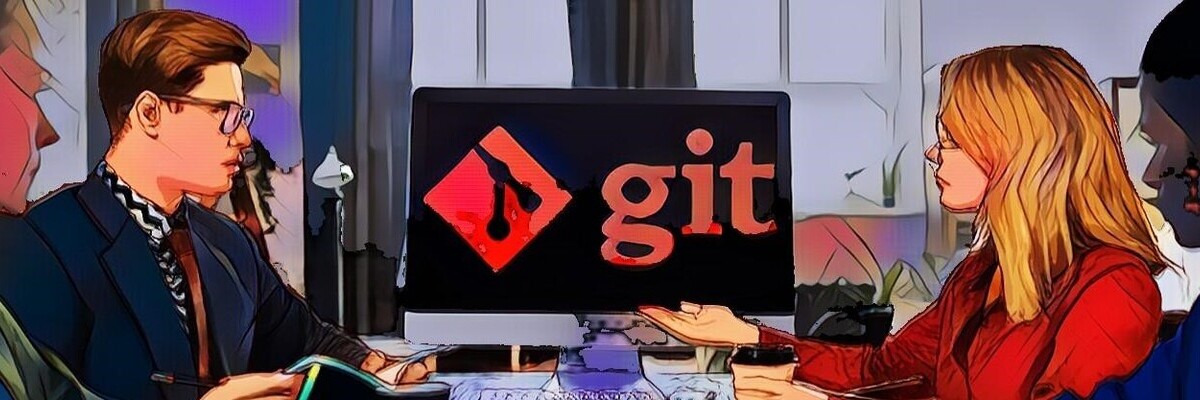 Personen diskutieren vor einem Bildschirm mit Git-Logo in einem Büro.