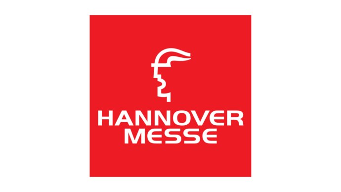 Logo der Hannover Messe: weißes Profilsymbol auf rotem Hintergrund mit dem Schriftzug "Hannover Messe".