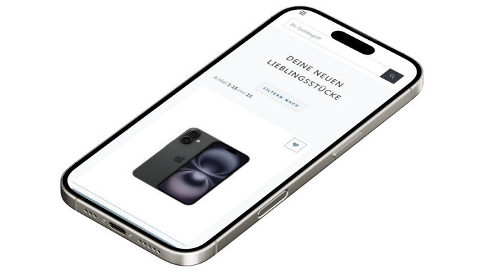 Ein Smartphone zeigt eine Website mit einem Bild eines weiteren Smartphones und dem Text "Deine neuen Lieblingsstücke".