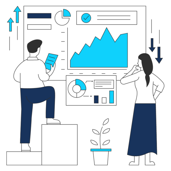Zwei Personen analysieren Diagramme und Diagramme auf einem großen Bildschirm; eine Pflanze im Vordergrund.
