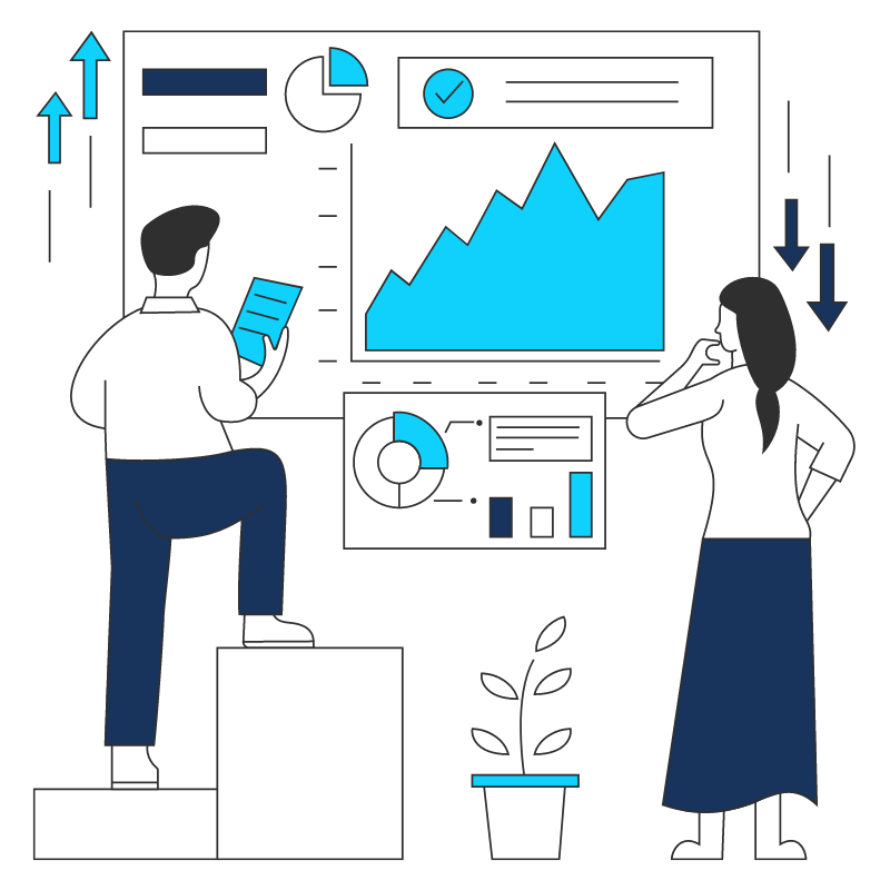 Zwei Personen analysieren Diagramme und Diagramme auf einem großen Bildschirm; eine Pflanze im Vordergrund.