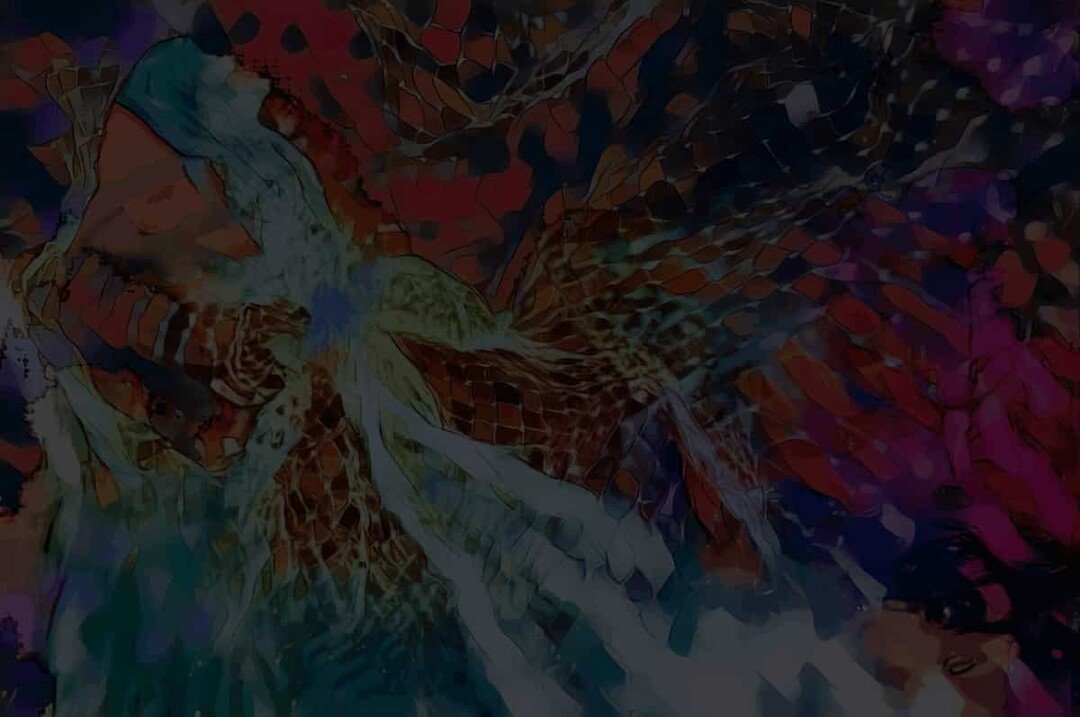 Abstrakte Malerei mit dynamischen, bunten Mustern und Konturen, die an ein Netz erinnern.