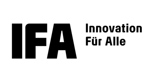 Schwarzes "IFA" Logo mit Slogan "Innovation Für Alle" auf weißem Hintergrund.