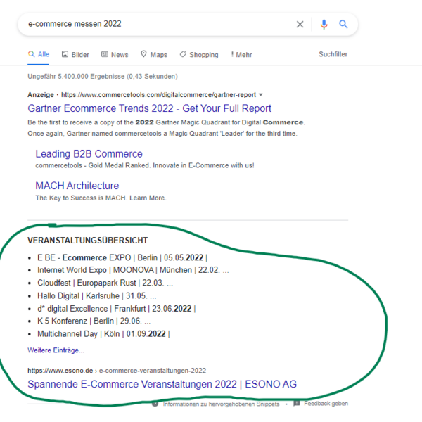 Suchergebnisse für "E-Commerce Messen 2022" mit Highlight auf Veranstaltungsübersicht.