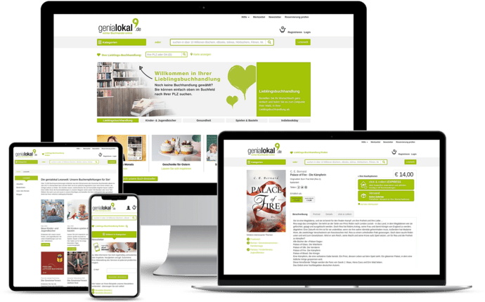 Website in responsivem Design auf PC, Tablet und Smartphone mit genialokal.de-Inhalten und Suchfunktion.