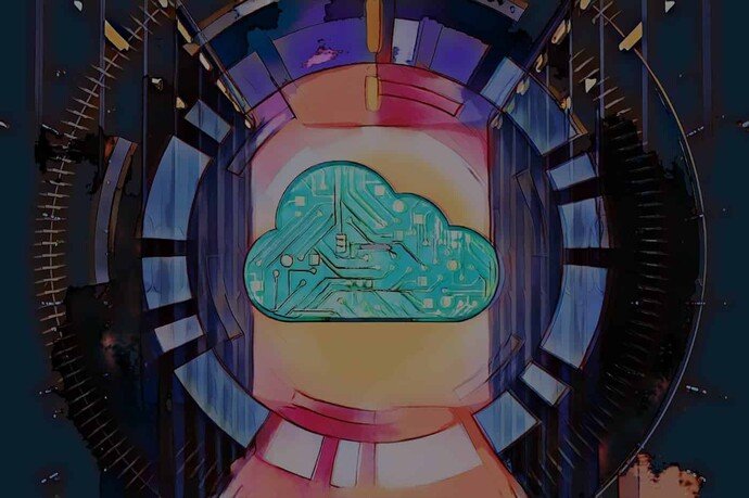 Illustration einer digitalen Wolke auf einem Schaltkreis, umgeben von technischen, abstrakten Mustern.