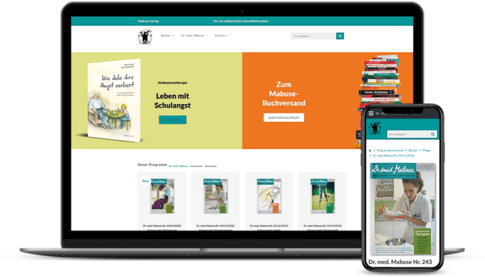 Website des Mabuse Verlags auf Laptop und Smartphone: Bücher und Zeitschriften zu Gesundheitsthemen sichtbar.