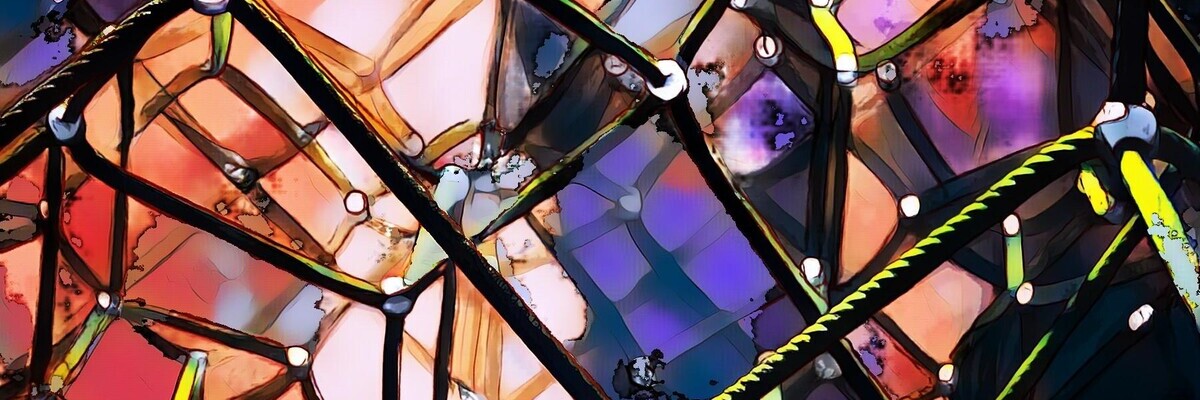 Abstrakte Komposition aus leuchtenden Farben und Linien, die ein Netz geometrischer Formen bilden.