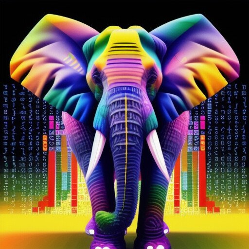 Futuristischer, bunter Elefant vor digitalem Hintergrund mit Zahlen und Diagrammen.