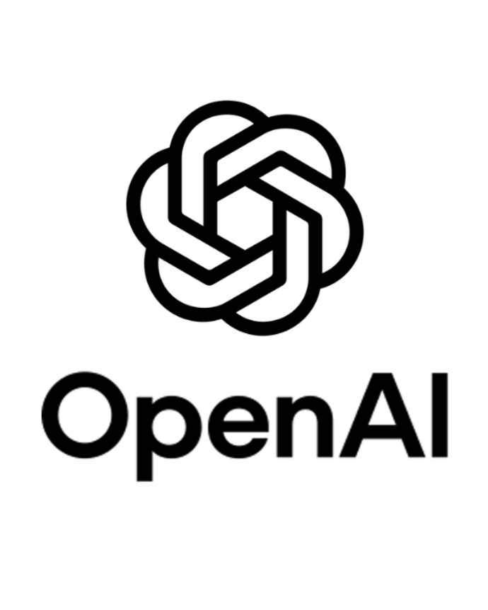 OpenAI-Logo mit stilisiertem, sechseckigem Knoten und darunterliegendem Schriftzug.