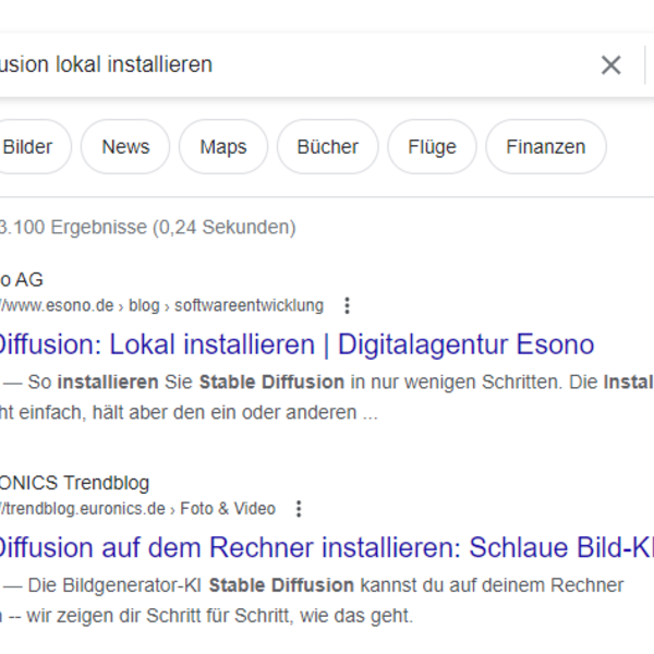 Suchergebnisse für "stable diffusion lokal installieren" mit zwei hervorgehobenen Artikeln von Esono AG und EURONICS.