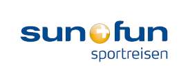 Logo von Sun+Fun Sportreisen mit blauem Schriftzug und gelbem Sonnensymbol zwischen "sun" und "fun".