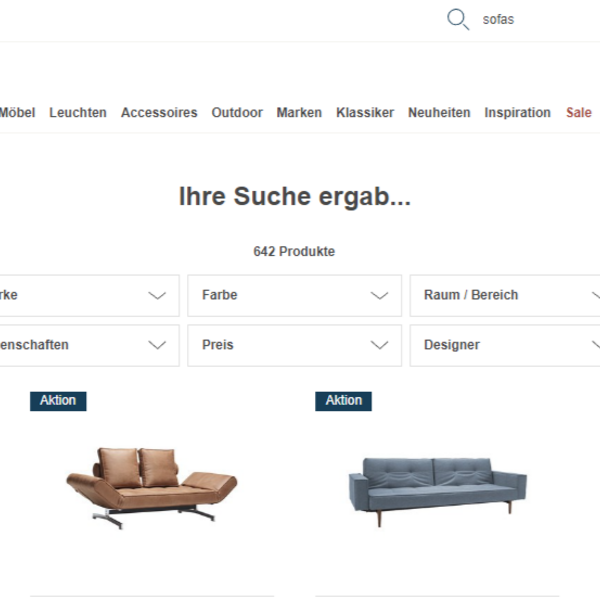 Website-Screenshot von Ambiente Direct: Suchergebnisse für Sofas mit Filteroptionen und Produktauswahl.